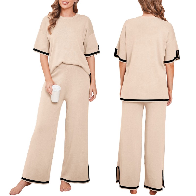 Women Casual Outfit Short Sleeve Crew Neck Tops Wide Leg Pants Loungewear Set